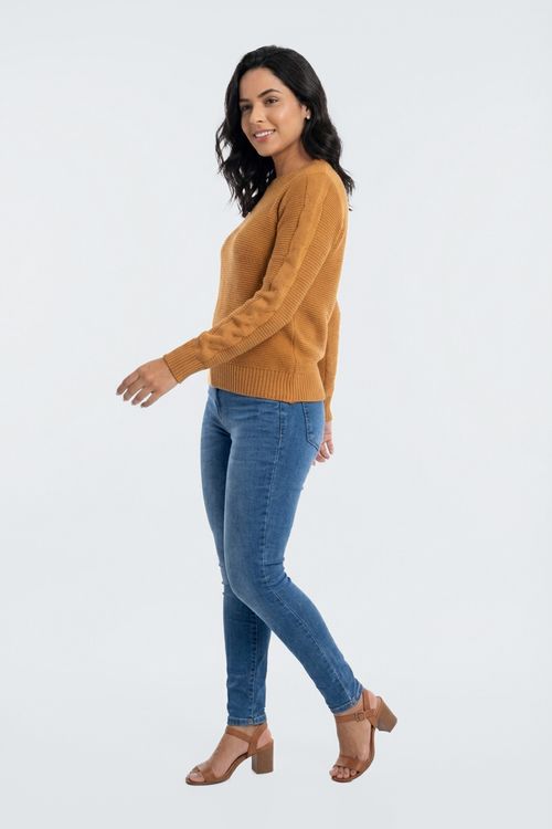 Tricot fem promo m/l c/ trancas mostarda amarelo escuro