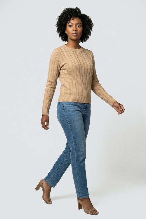 Tricot fem promo m/l canelado dife bege bege medio