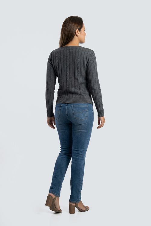 Tricot fem promo m/l decote v cinza escu cinza escuro