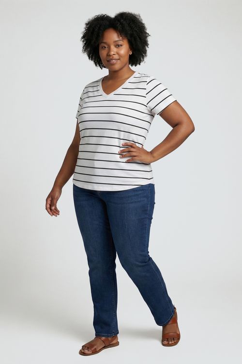 Blusa fpm promo m/c gola v listrado b/p estampado