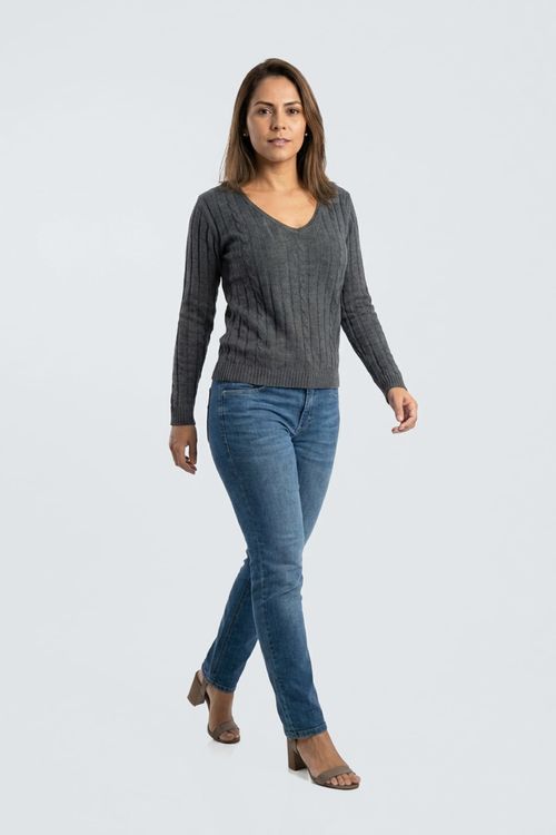 Tricot fem promo m/l decote v cinza escu cinza escuro