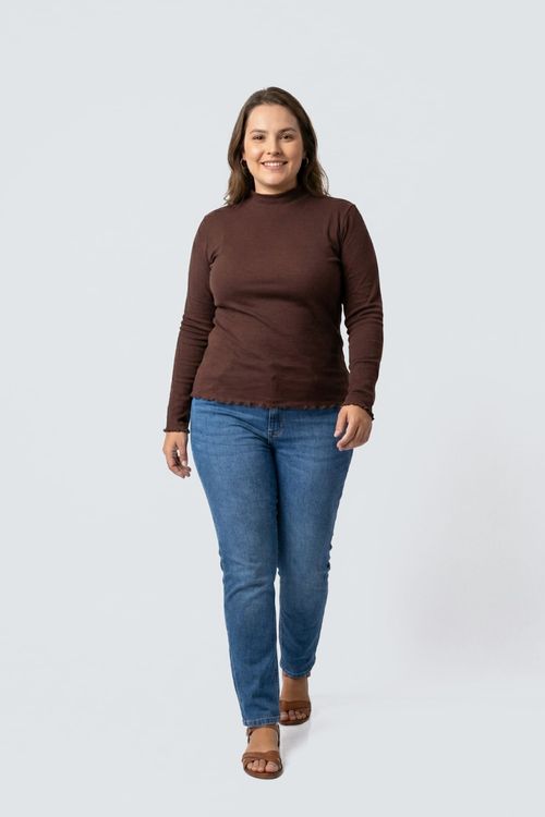 Blusa fpm cas m/l ribana gola alta marro marrom escuro