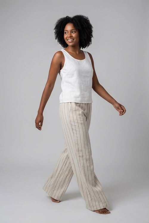 Calça Pantalona Feminina Bege Claro Risca de Giz