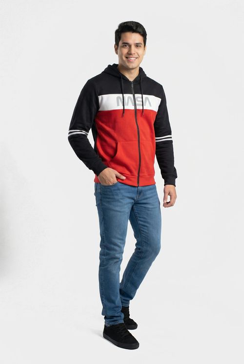 Moletom com Capuz e Zíper Masculino Preto Color Block NASA