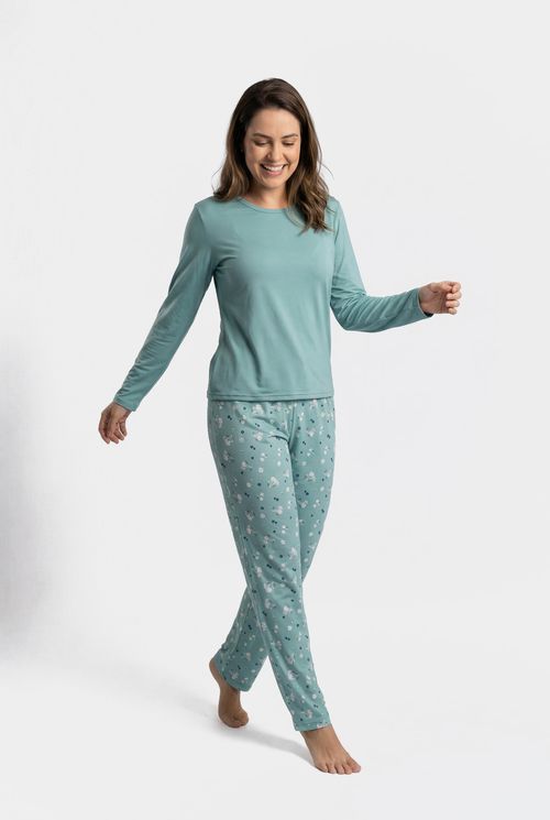 Pijama Longo Feminino Verde Água Floral