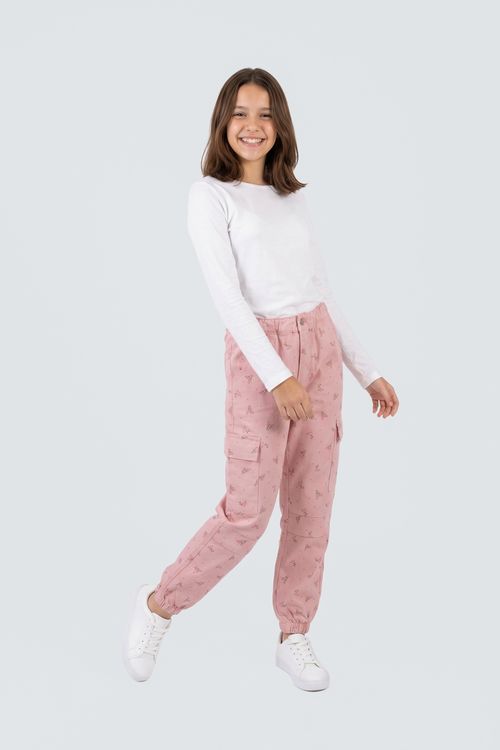 Calça Jogger Cargo Juvenil Menina Rosa Floral