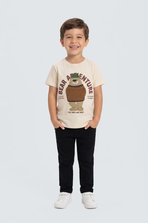 Camiseta Infantil Menino Bege Urso Texturizado