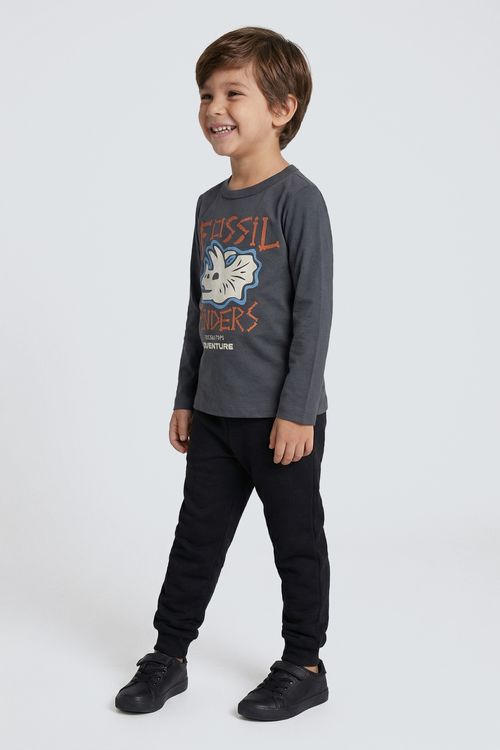 Camiseta Manga Longa Infantil Menino Cinza Escuro Triceratops Aventura