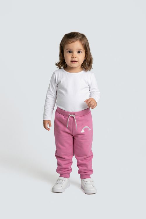 Calça de Moletom Infantil Menina Rosa Médio Bordado Arco-Íris