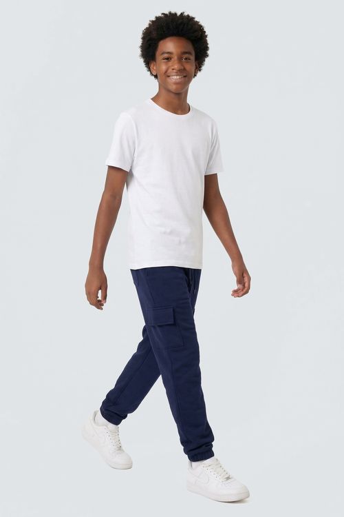 Calça Jogger Cargo Moletom Juvenil Azul Escuro