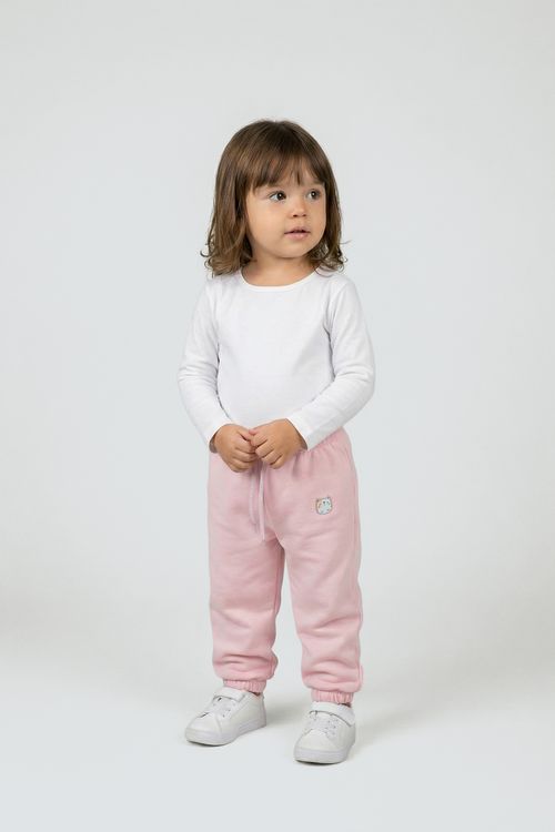 Calça Moletom Infantil Menina Rosa Claro com Aplique de Bichinho