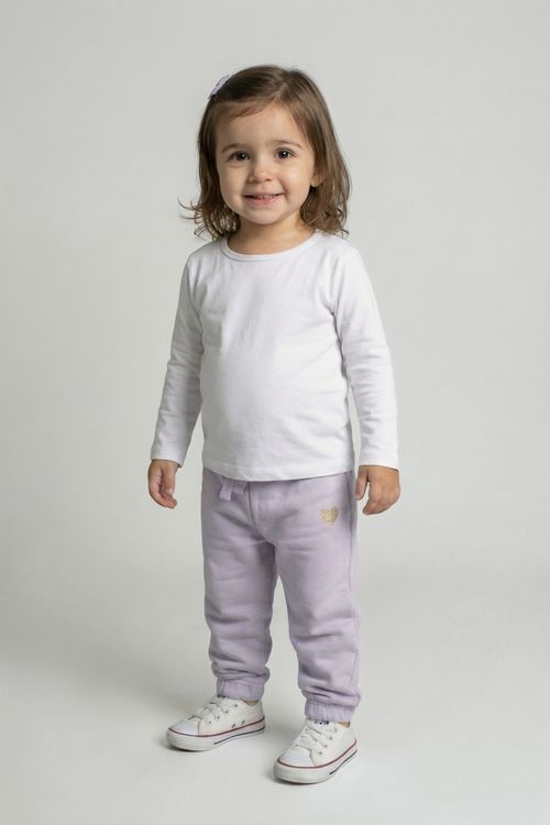 Calça de Moletom Infantil Menina Lilás com Coração Dourado