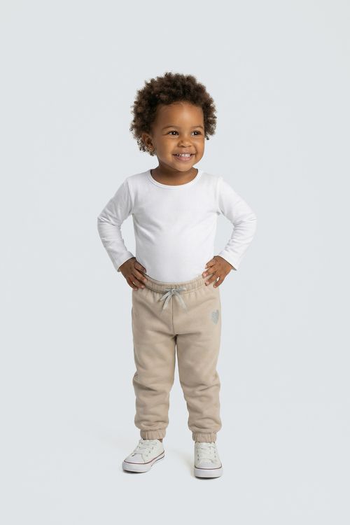 Calça Moletom Jogger Infantil Menina Bege Claro Coração Glitter