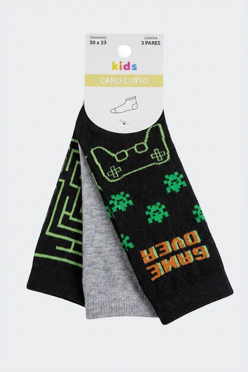 Meias Infantil Menino Cano Curto Kit 3 Pares Gamer Labirinto