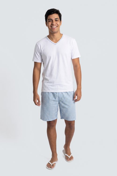 Pijama Conjunto Masculino Camiseta Branca Short Azul Xadrez