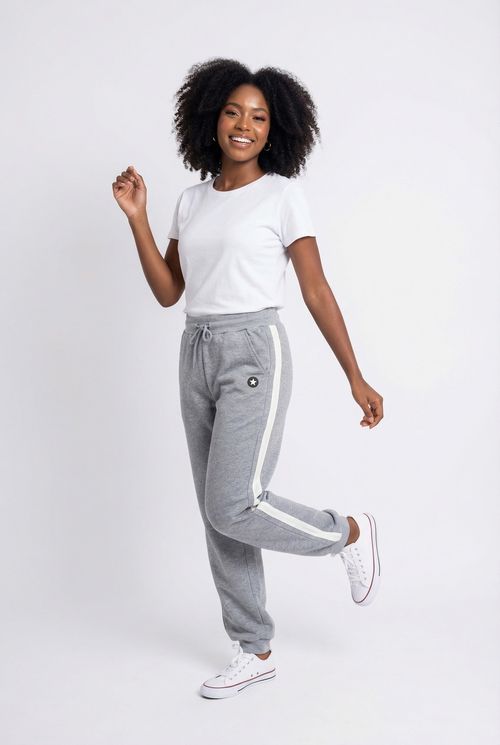 Calça Jogger Feminina Mescla Cinza Claro Listra Branca