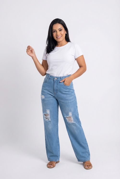 Calça Jeans Feminina Azul Médio Mom Fit Rasgos