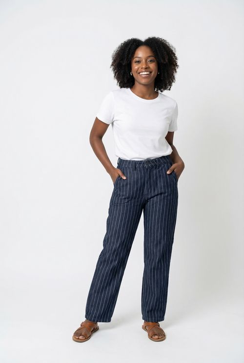 Calça Reta Feminina Azul Marinho Risca de Giz