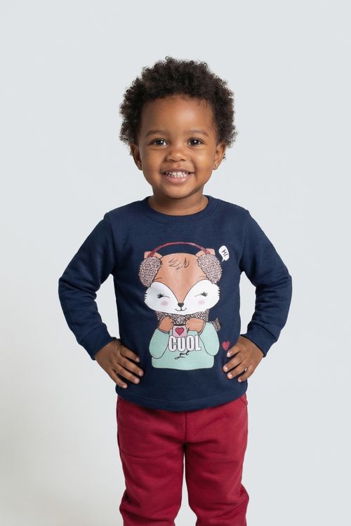 Moletom Infantil Menina Azul Marinho Raposa 'Cool Girl' com Earmuffs