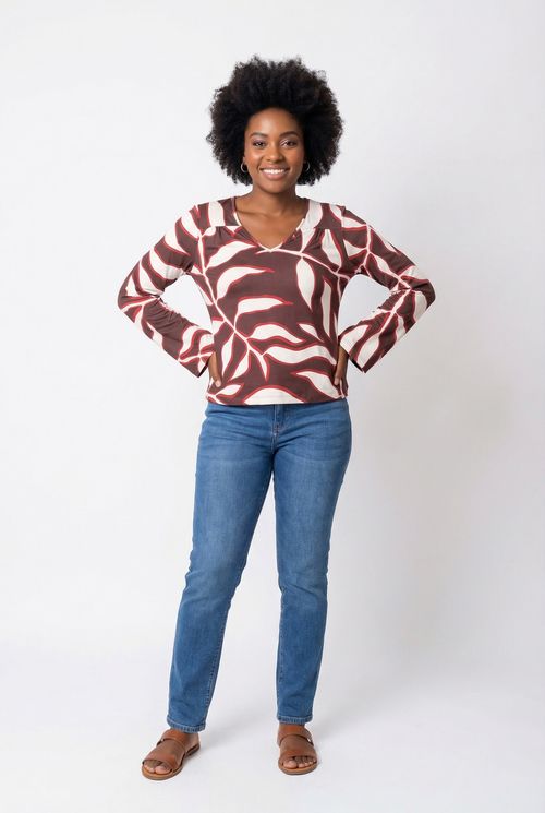 Blusa Feminina Manga Longa V-Neck Marrom Estampa Folhagem