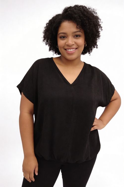 Blusa Feminina Preta Decote V Manga Curta Barra Elástica