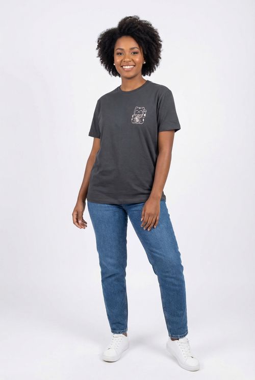 Blusa Feminina Oversized Cinza Chumbo Gato da Sorte Maneki-Neko