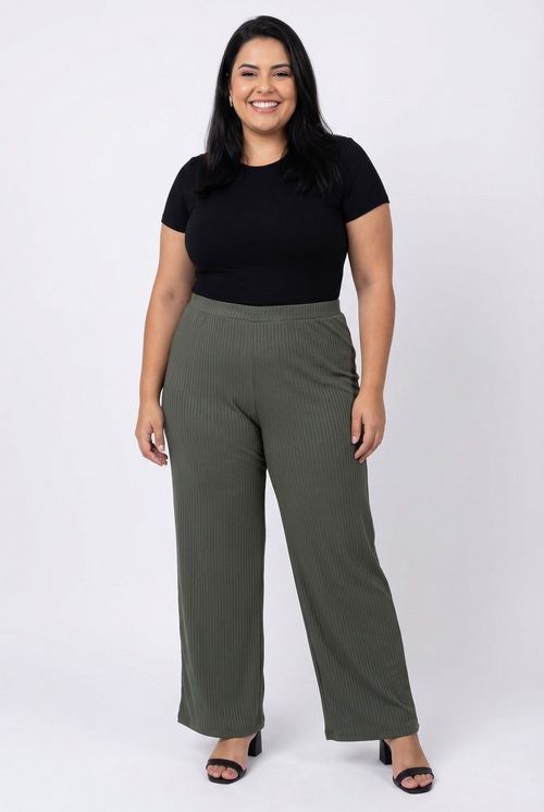 Calça Feminina Wide Leg Verde Oliva Canelada