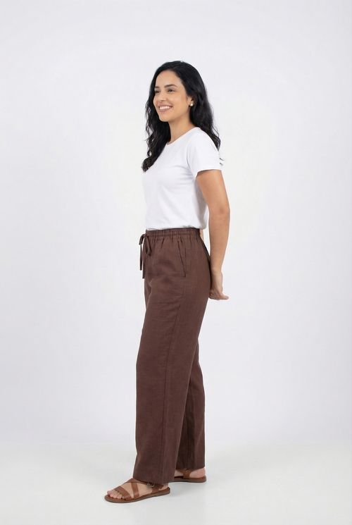 Calça Pantalona Feminina Marrom Médio com Amarração
