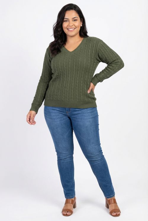 Suéter Feminino Verde Oliva Tricô Trançado Decote V