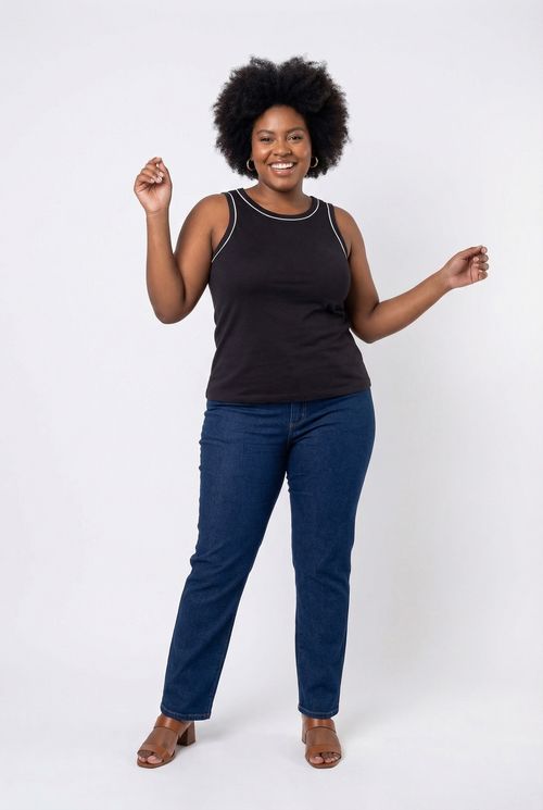 Regata Feminina Preta Com Viés Branco Contraste