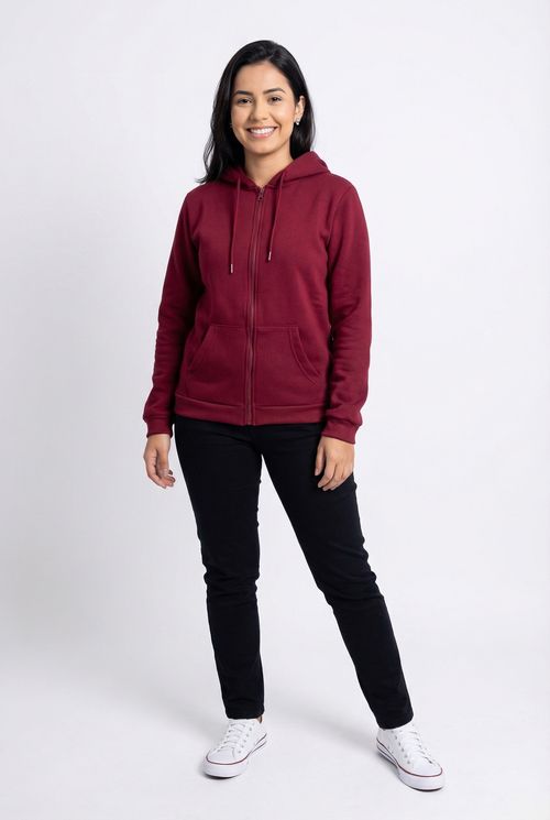 Blusão Feminino Vinho de Moletom com Zíper e Capuz