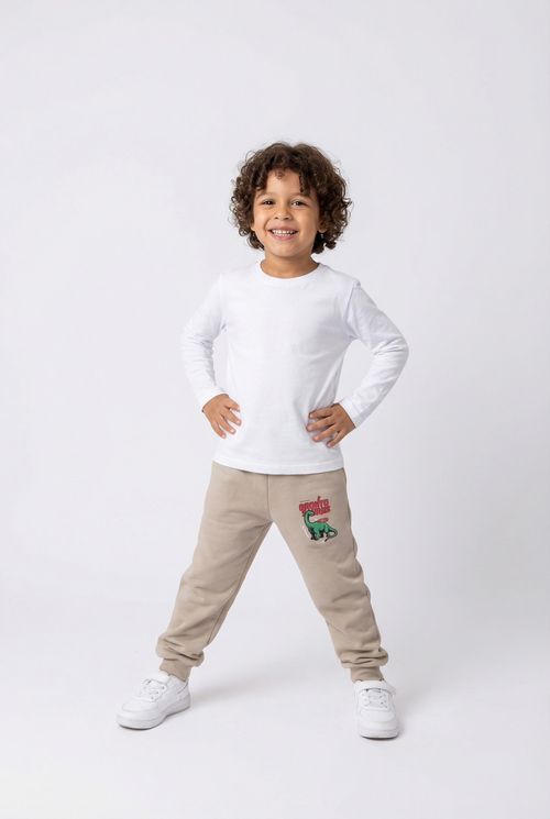 Calça de Moletom Infantil Menino Bege Dinossauro Bronto