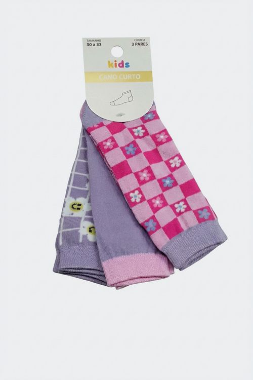 Meias Cano Curto Kit 3 Pares Infantil Menina Florais e Xadrez 30-33