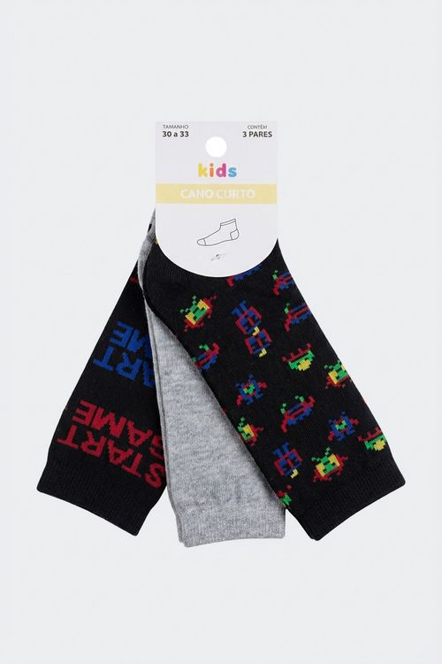 Kit 3 Pares Meias Cano Curto Infantil (30-33) Gamer Pixel
