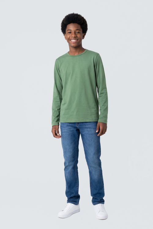 Camiseta Manga Longa Infantil Menino Verde Militar Juvenil Lisa