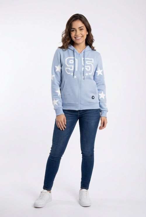 Moletom com Zíper e Capuz Feminino Azul Claro Estrelas '95'