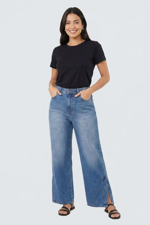Calça Jeans Feminina Wide Leg Fenda Lateral Azul Médio