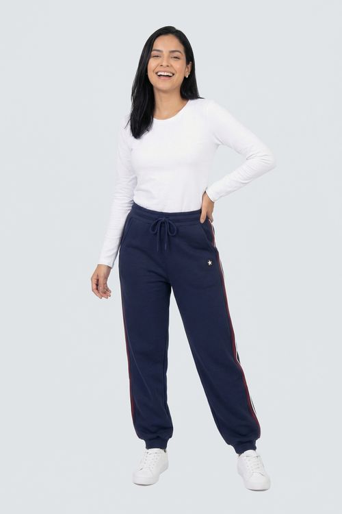 Calça Jogger Feminina Azul Marinho Listras Laterais Esportivas