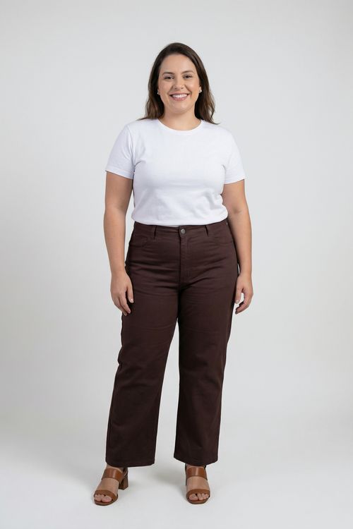 Calça Jeans Reta Conforto Feminina Marrom Médio