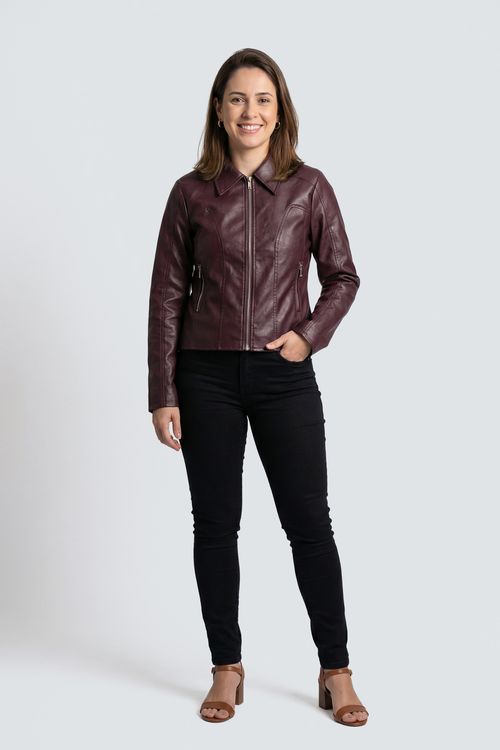 Jaqueta Feminina Borgonha Biker PU Zíperes Duplos