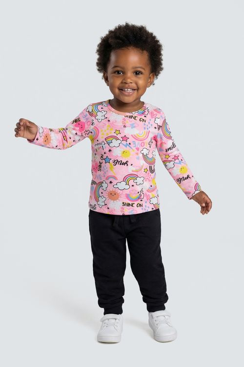 Blusa Infantil Menina Rosa Claro Manga Longa Arco-Íris e Sol