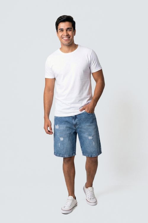 Bermuda Jeans Masculina Reta Destroyed Azul Médio