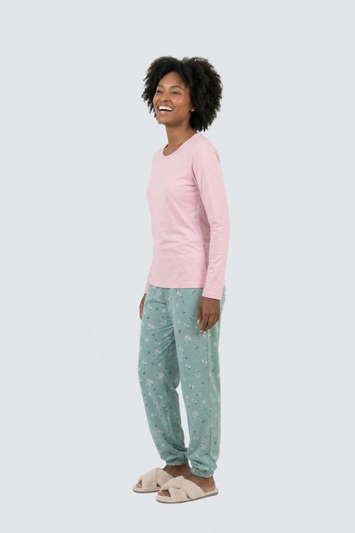 Pijama Conjunto Feminino Rosa e Verde Floral