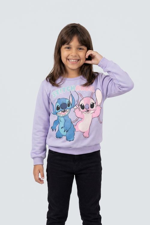 Blusa de Moletom Infantil Menina Lilás Stitch e Angel