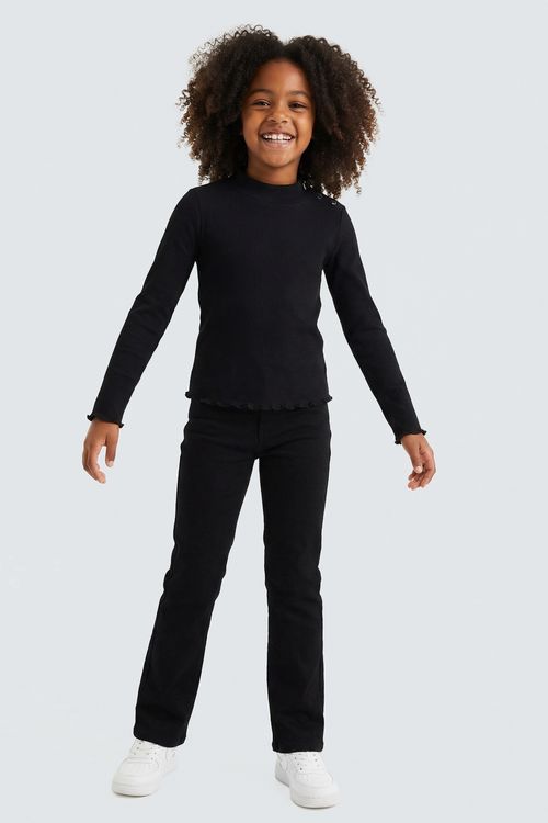 Blusa Infantil Menina Preta Canelada Gola Alta Botões Babado