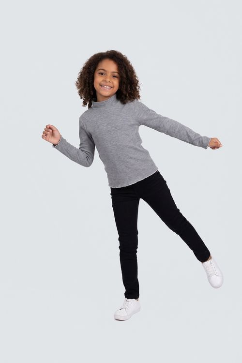 Blusa Infantil Menina Canelada Gola Alta Cinza Claro Mescla