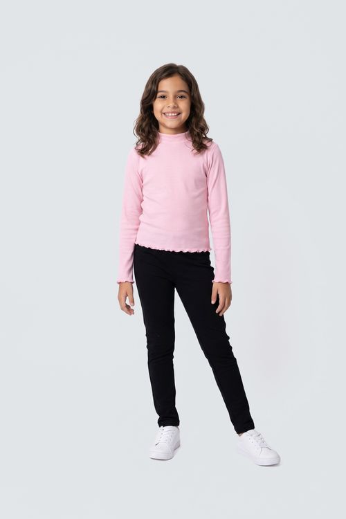 Blusa Infantil Menina Rosa Canelada Babados Gola Semi-Alta
