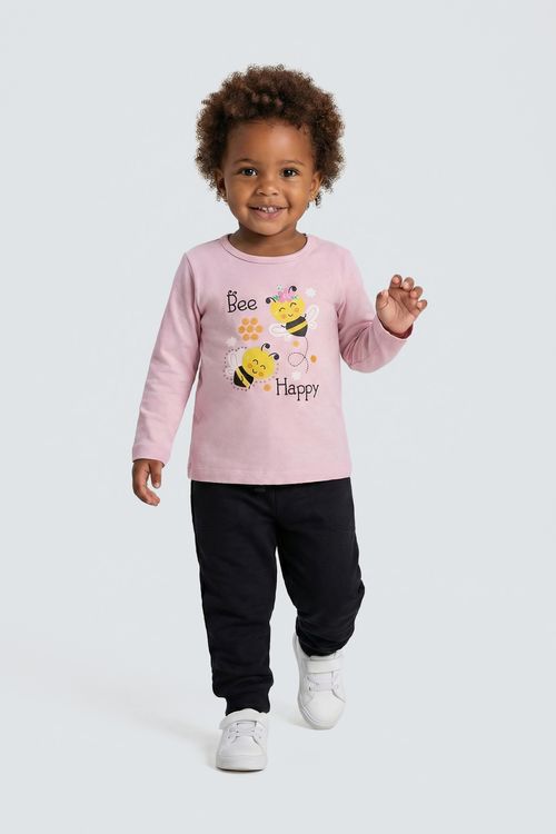 Blusa Infantil Menina Rosa Claro Abelhinhas Bee Happy