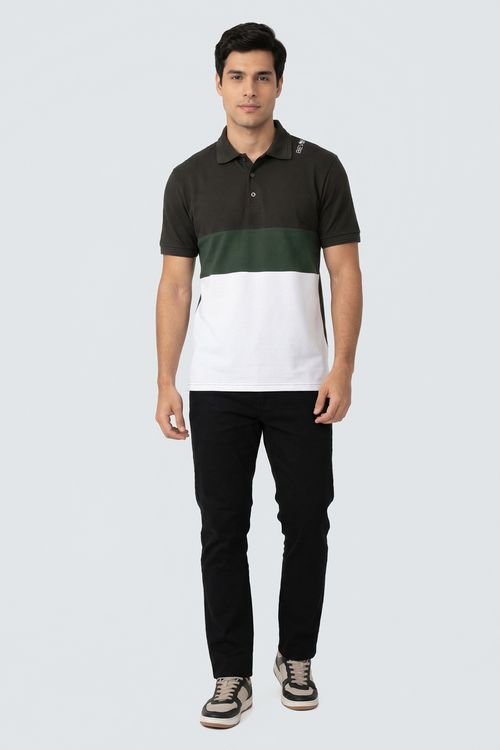 Polo Masculina Verde Militar e Branco Recorte Tricolor