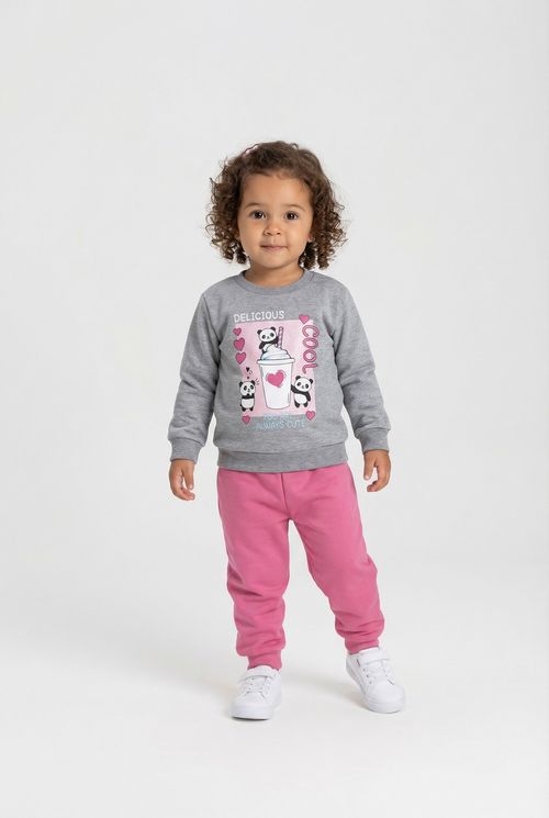 Conjunto Moletom Infantil Menina Cinza Mescla e Rosa Pandas Fofos